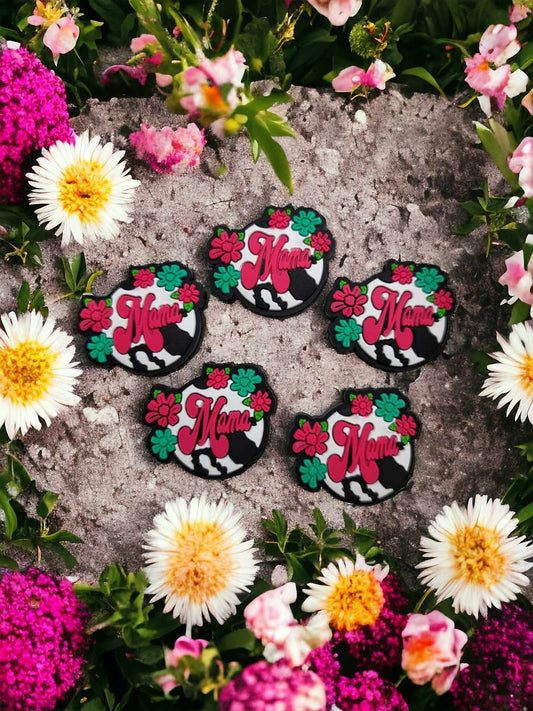 Mama Round with Flowers: White with Pink and Black Silicone Focal Bead - 0649