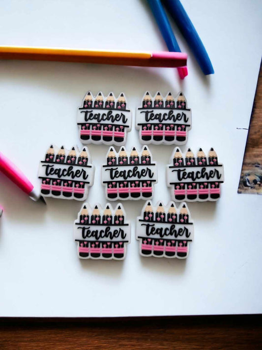 Teacher With 4 Black Pencils with Pink Hearts Silicone Focal Bead - 0633