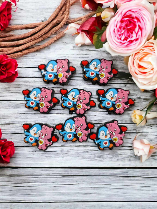 Pink Care Bear and Blue Penguin with Heart Lollipops Silicone Focal Bead - 0624