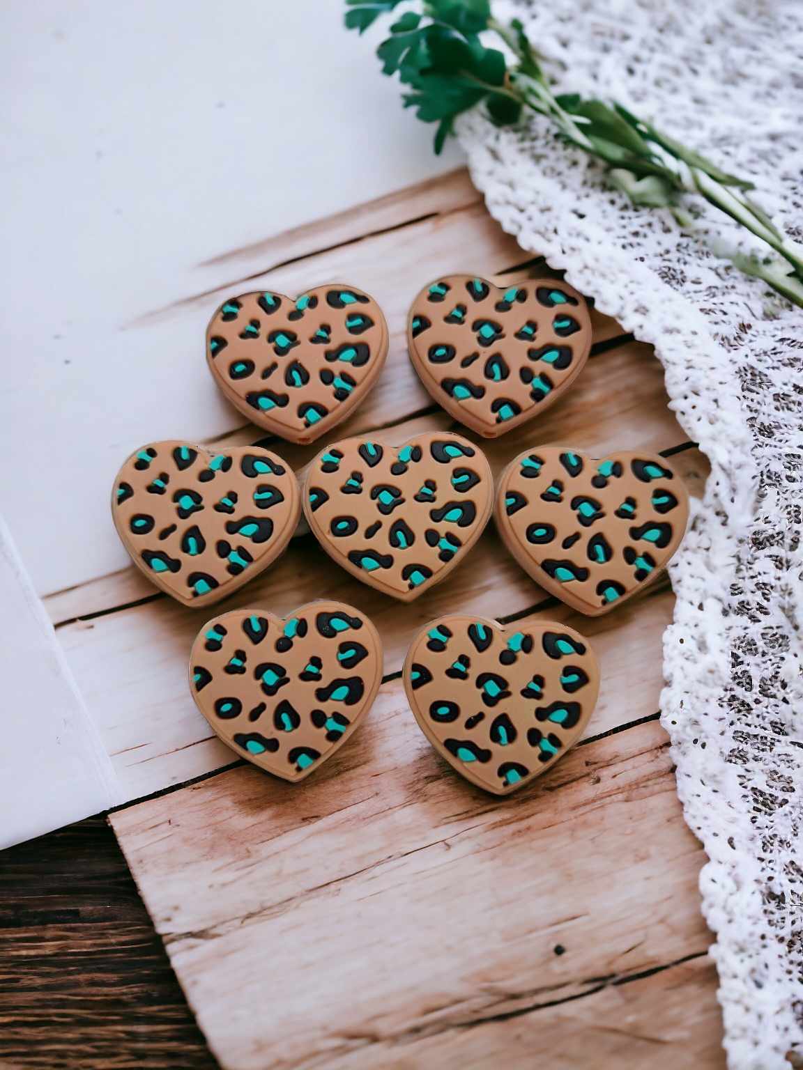 Heart Brown with Blue/Black Leopard Print Silicone Focal Bead - 0634