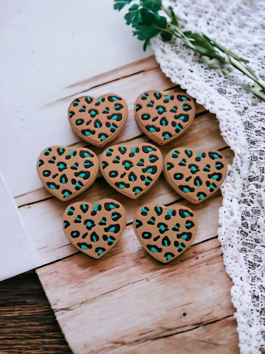 Heart Brown with Blue/Black Leopard Print Silicone Focal Bead - 0634