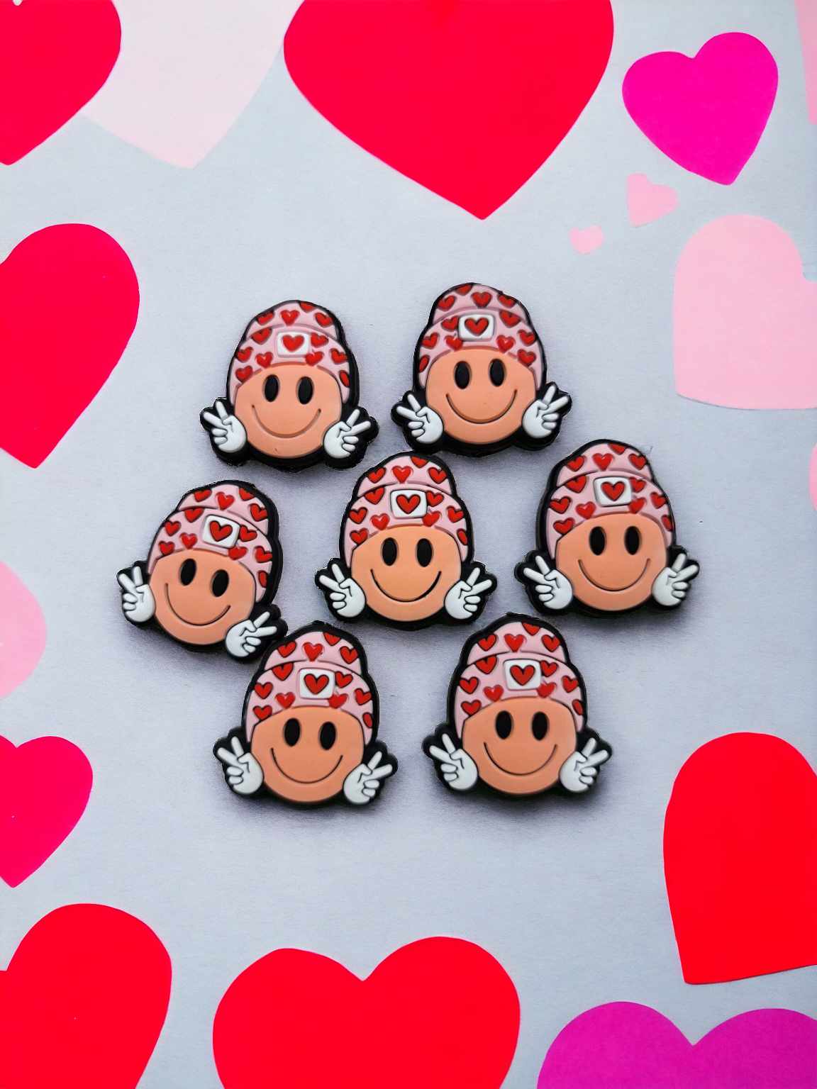 Smiley Face with Pink Beanie Hat with Red Hearts: Peace Sign Silicone Focal Bead - 0607