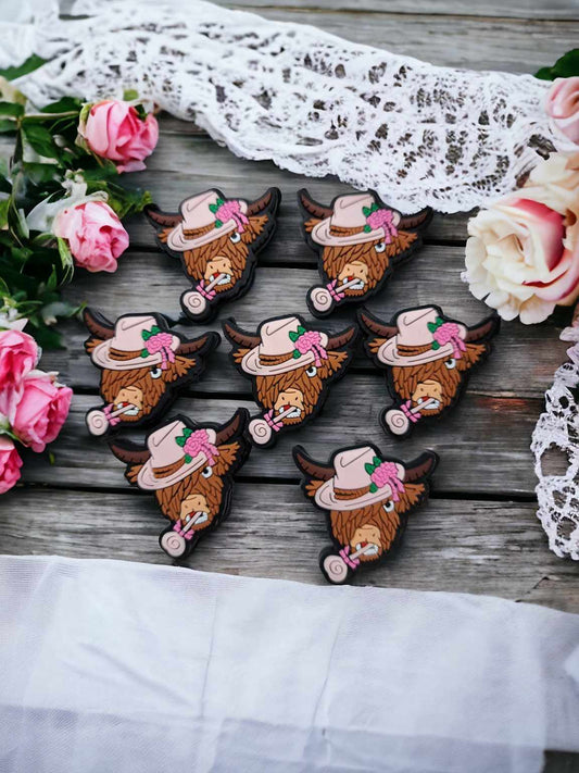 Highland Cow with Pink Cowboy Hat & Lollipop Silicone Focal Bead - 0609