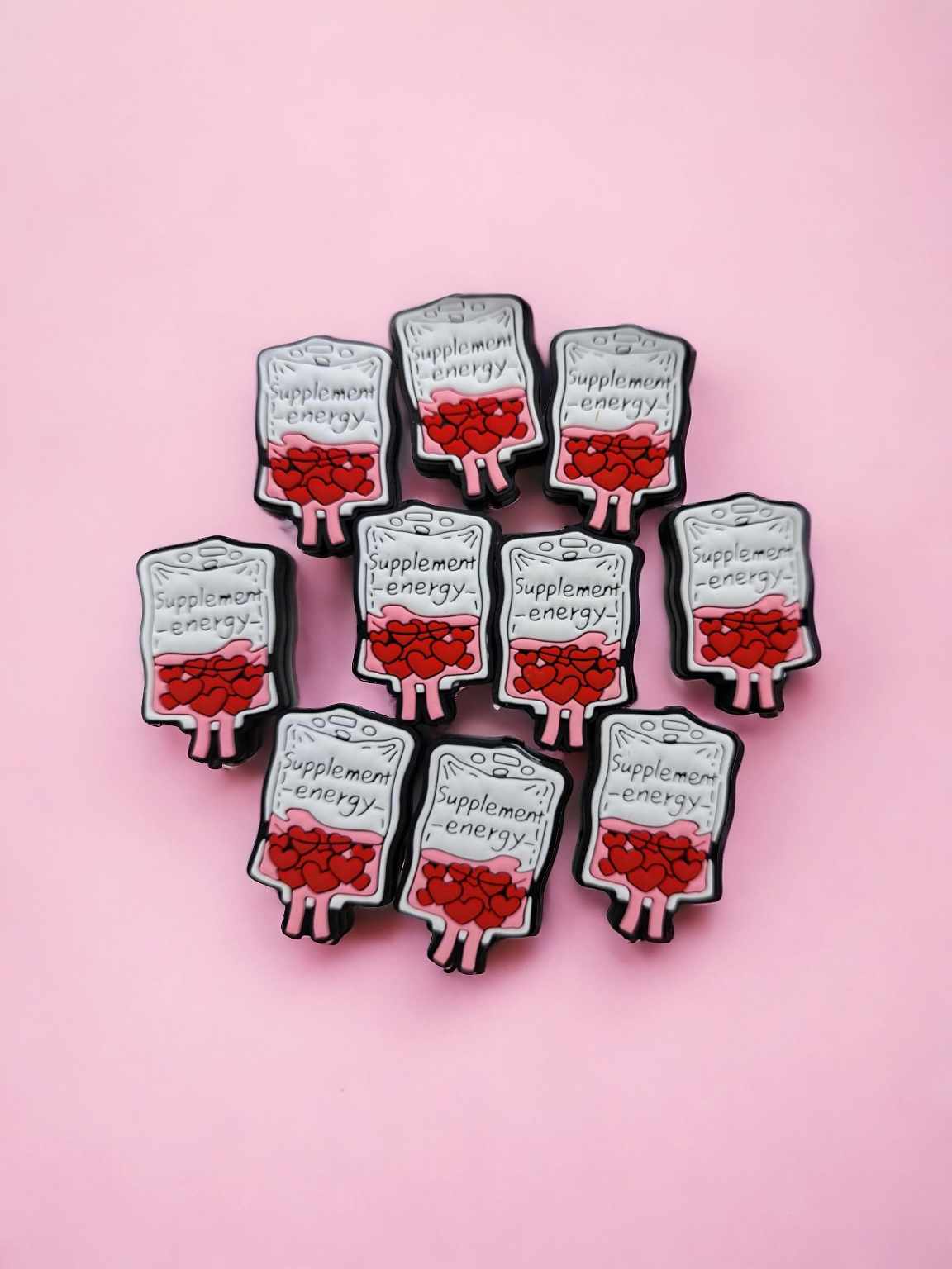 Supplement Energy: Blood Bag with Red Hearts Valentines Silicone Focal Bead - 0679