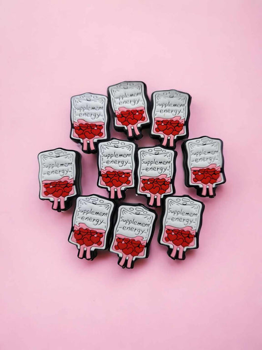 Supplement Energy: Blood Bag with Red Hearts Valentines Silicone Focal Bead - 0679