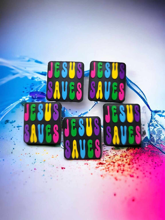 Jesus Saves Black Square Silicone Focal Bead - 0733
