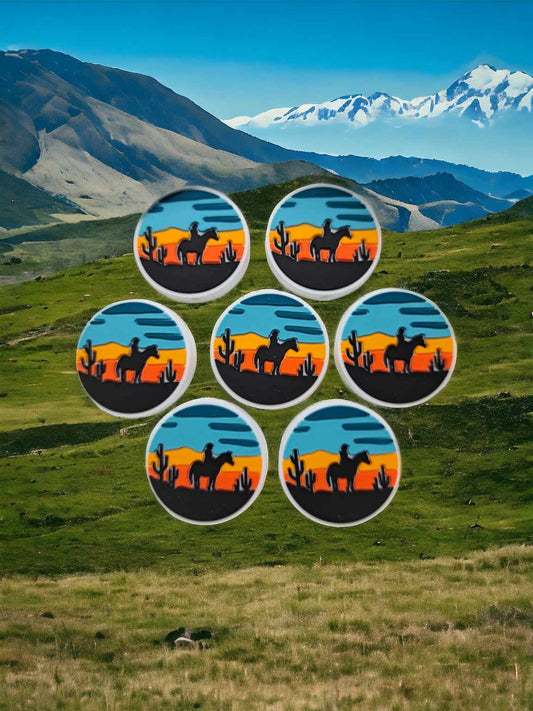 Cowboy on Horse during Sunset Round Silicone Focal Bead - 0711