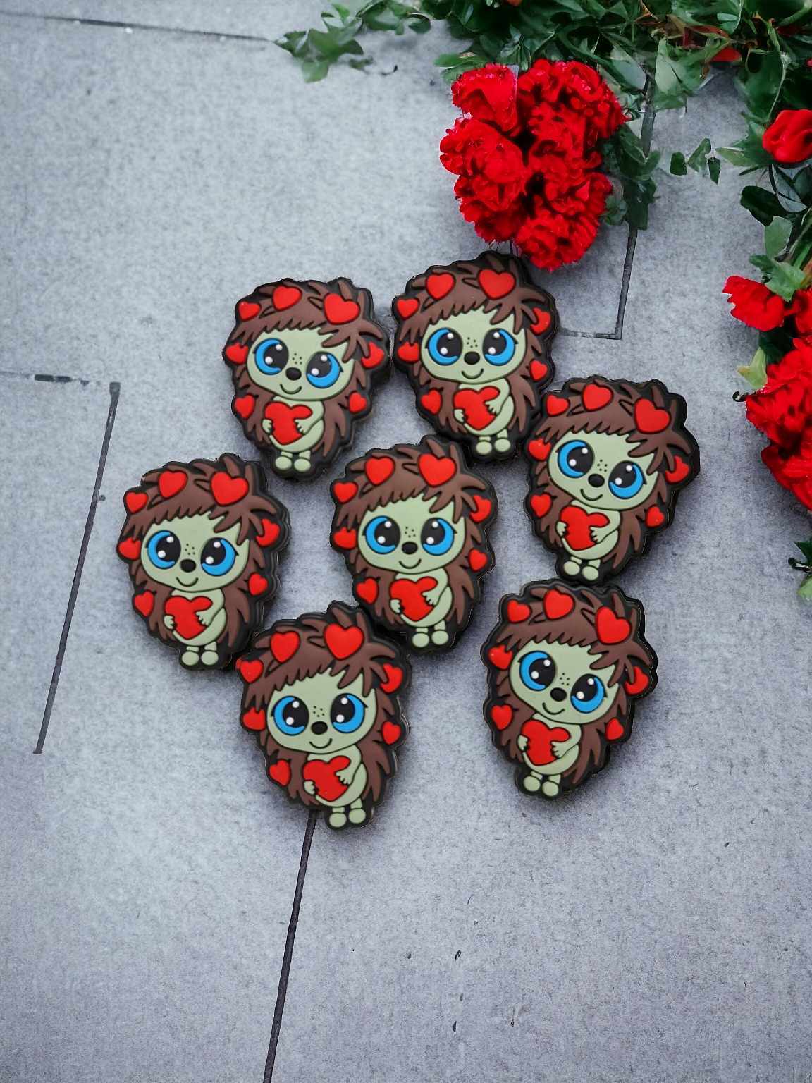 Hedgehog with Red Hearts Valentine Full Body Animal Silicone Focal Bead - 0706