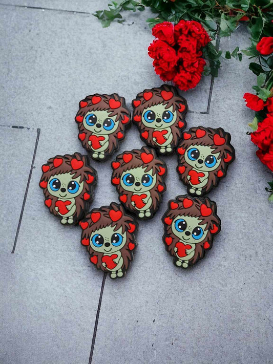 Hedgehog with Red Hearts Valentine Full Body Animal Silicone Focal Bead - 0706