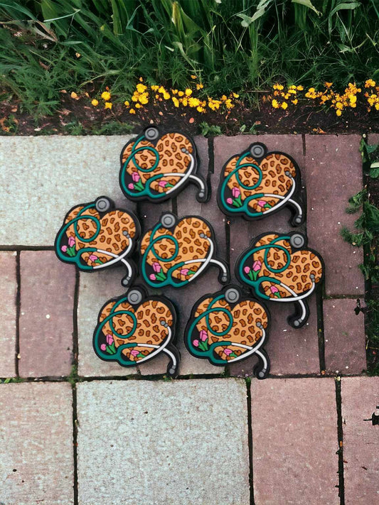 Nurse: Brown Leopard Heart with Blue Stethoscope and Tulips Silicone Focal Bead - 0699