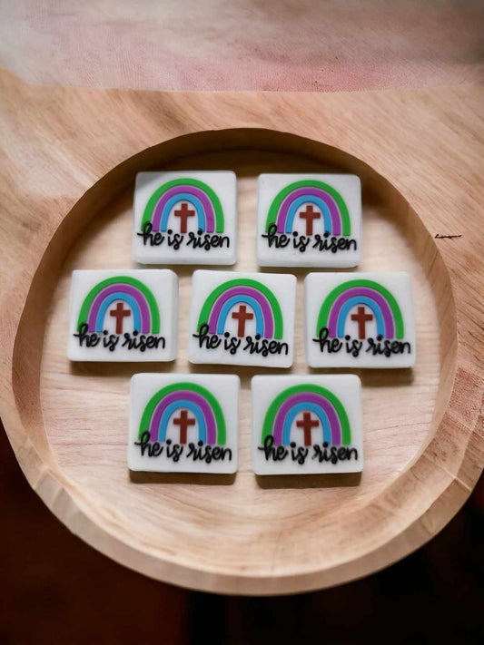 He is Risen with Cross and Rainbow White Square Silicone Focal Bead - 0687
