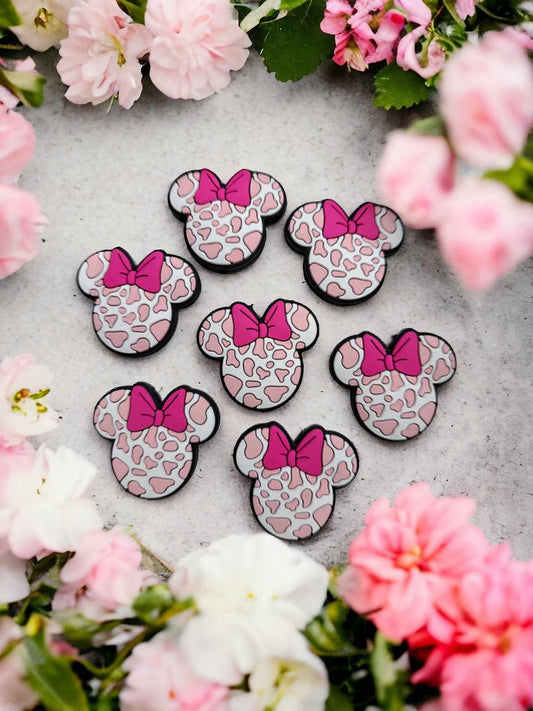 Minnie Head Pink Cow Print with Pink Bow Silicone Focal Bead - 0701