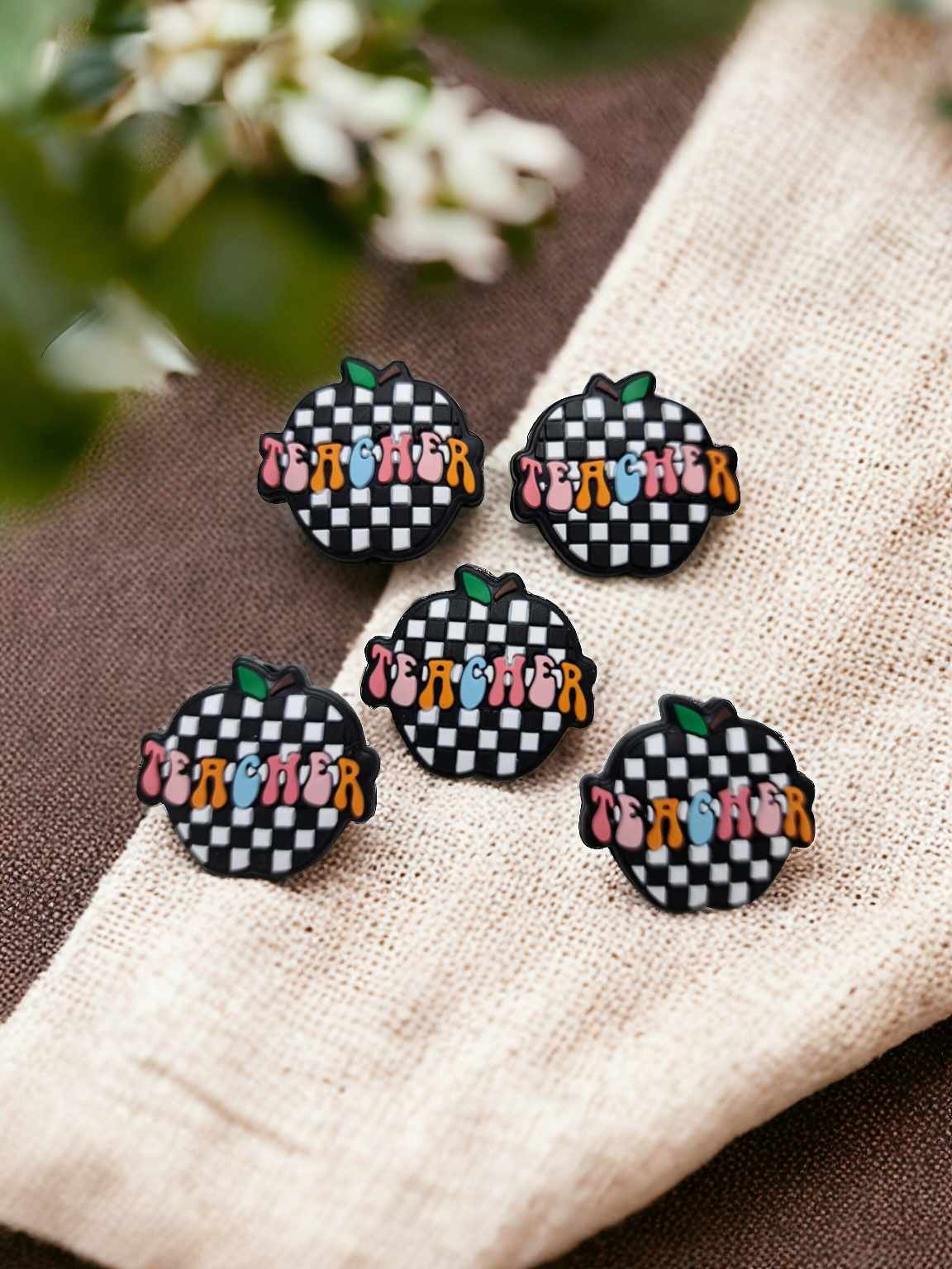 Teacher Apple with Black Checkered Pattern Silicone Focal Bead - 0734