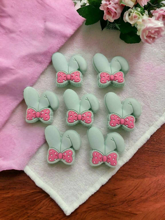 Mint Green Bunny Ears with Pink Bow Silicone Focal Bead - 0698