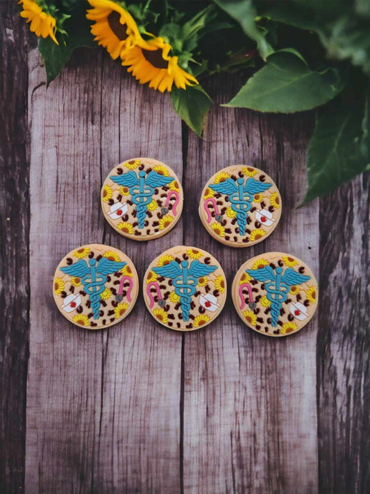 Round Brown Caduceus Blue Nursing Symbol with Hat/Stethoscope and Sunflowers Silicone Focal Bead - 0707