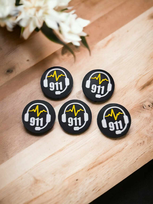 911 Operator with Headset Black Round Silicone Focal Bead - 0739