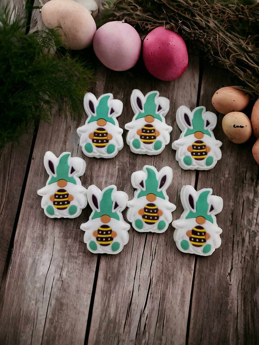 White Easter Gnome Bunny with Teal Hat holding Brown Easter Egg: Style 2 Silicone Focal Bead - 0678