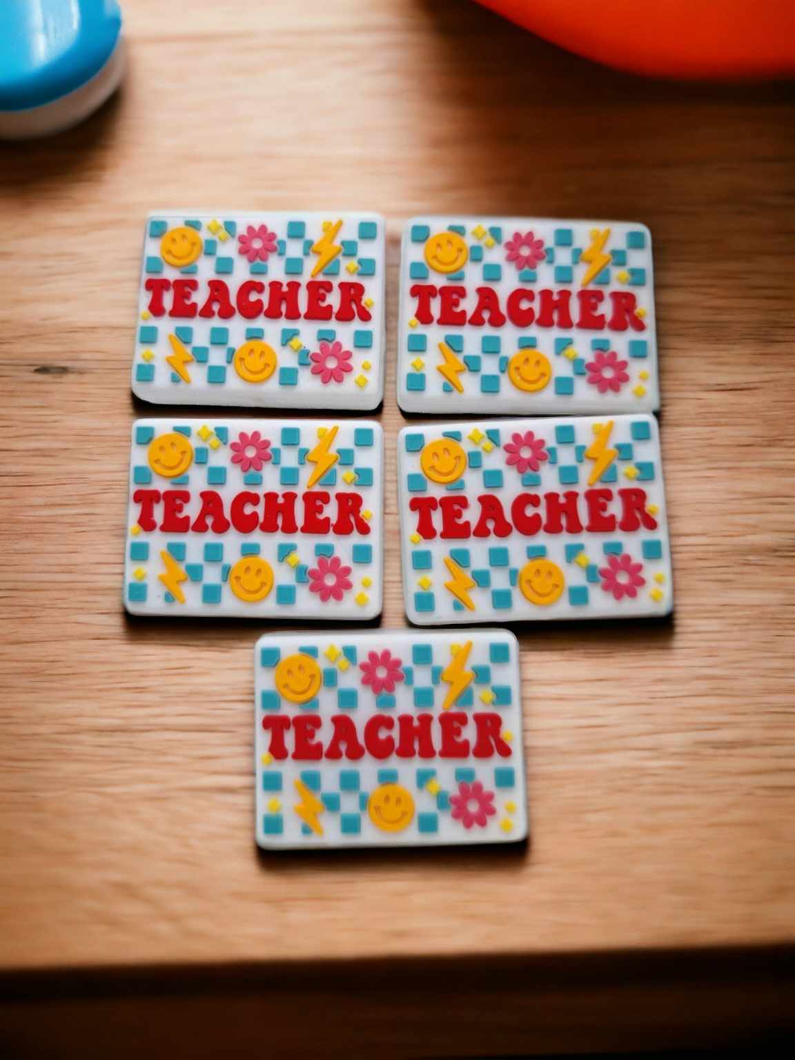 Retro Teacher White with Blue: Smiley Face, Lighting bolt, flowers Rectangle Silicone Focal Bead - 0769