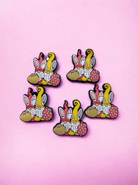 Two Bunny Gnomes with Pink and Yellow Easter Eggs Silicone Focal Bead - 0683