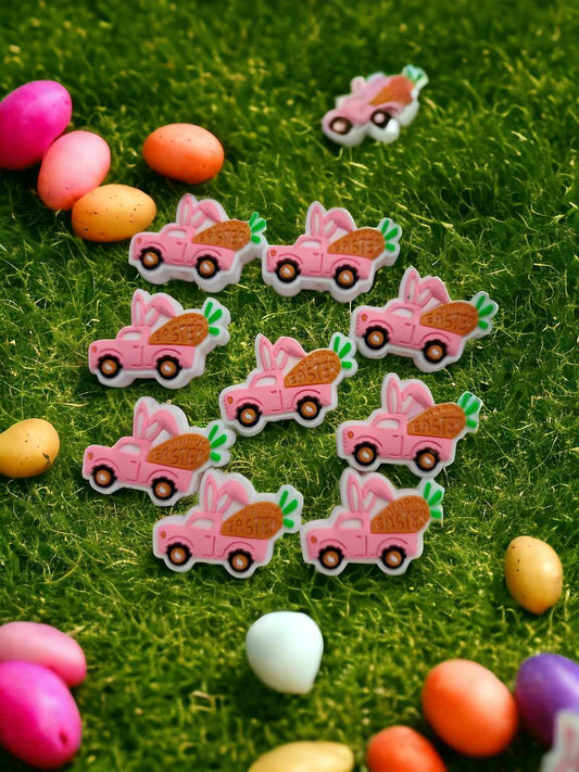 Happy Easter: Pink Truck with Carrot in Back Silicone Focal Bead - 0671