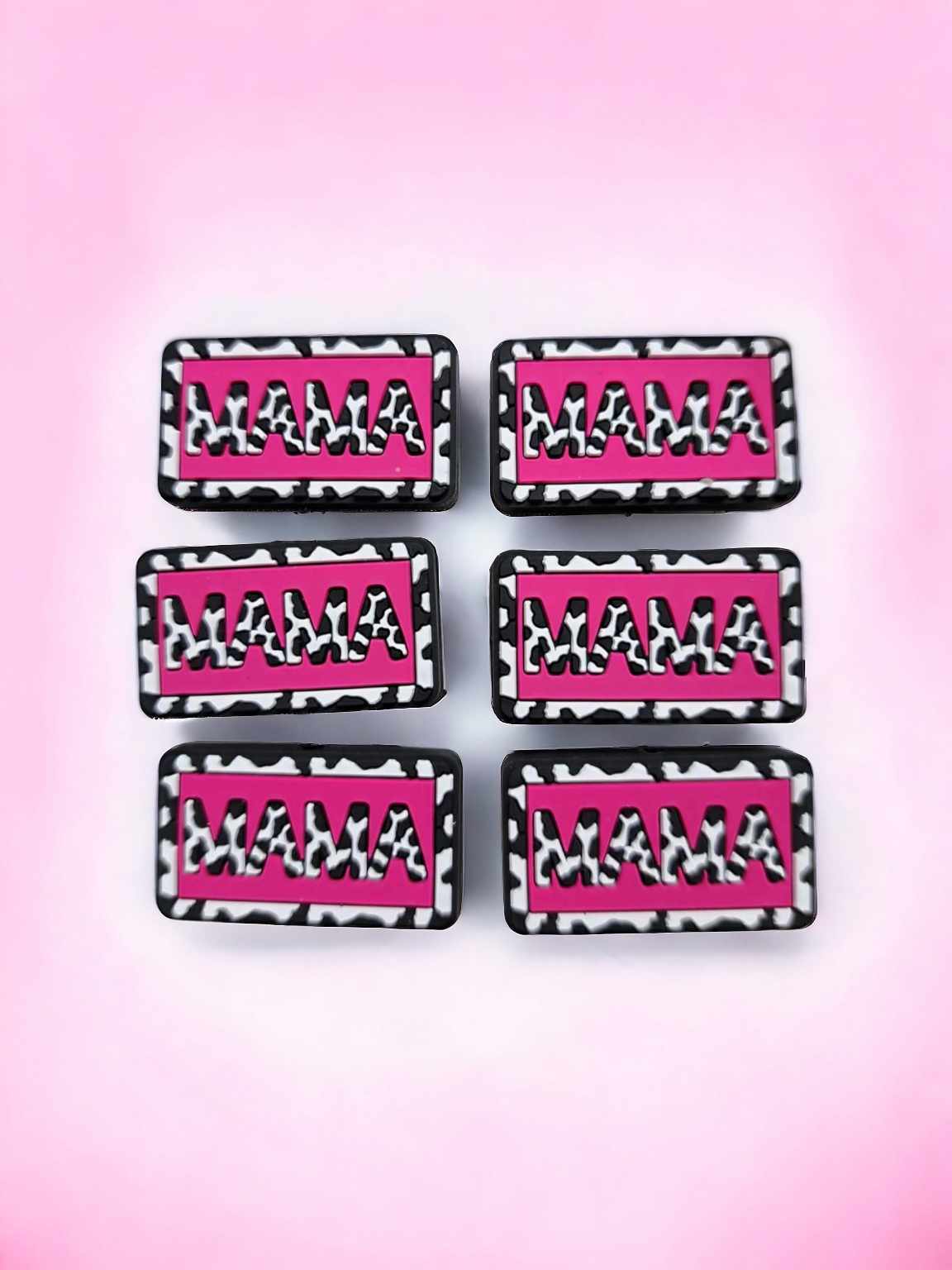Mama: Hot Pink with White Cow Print - Rectangle Silicone Focal Bead - 0773