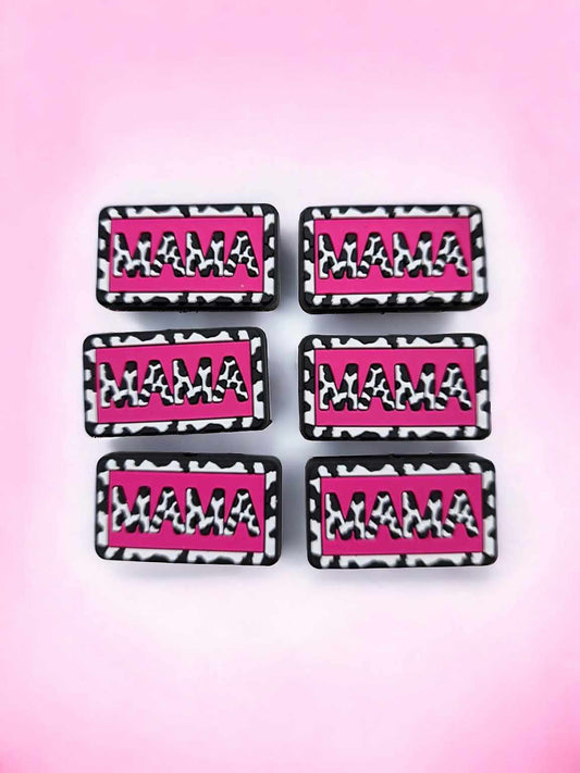 Mama: Hot Pink with White Cow Print - Rectangle Silicone Focal Bead - 0773