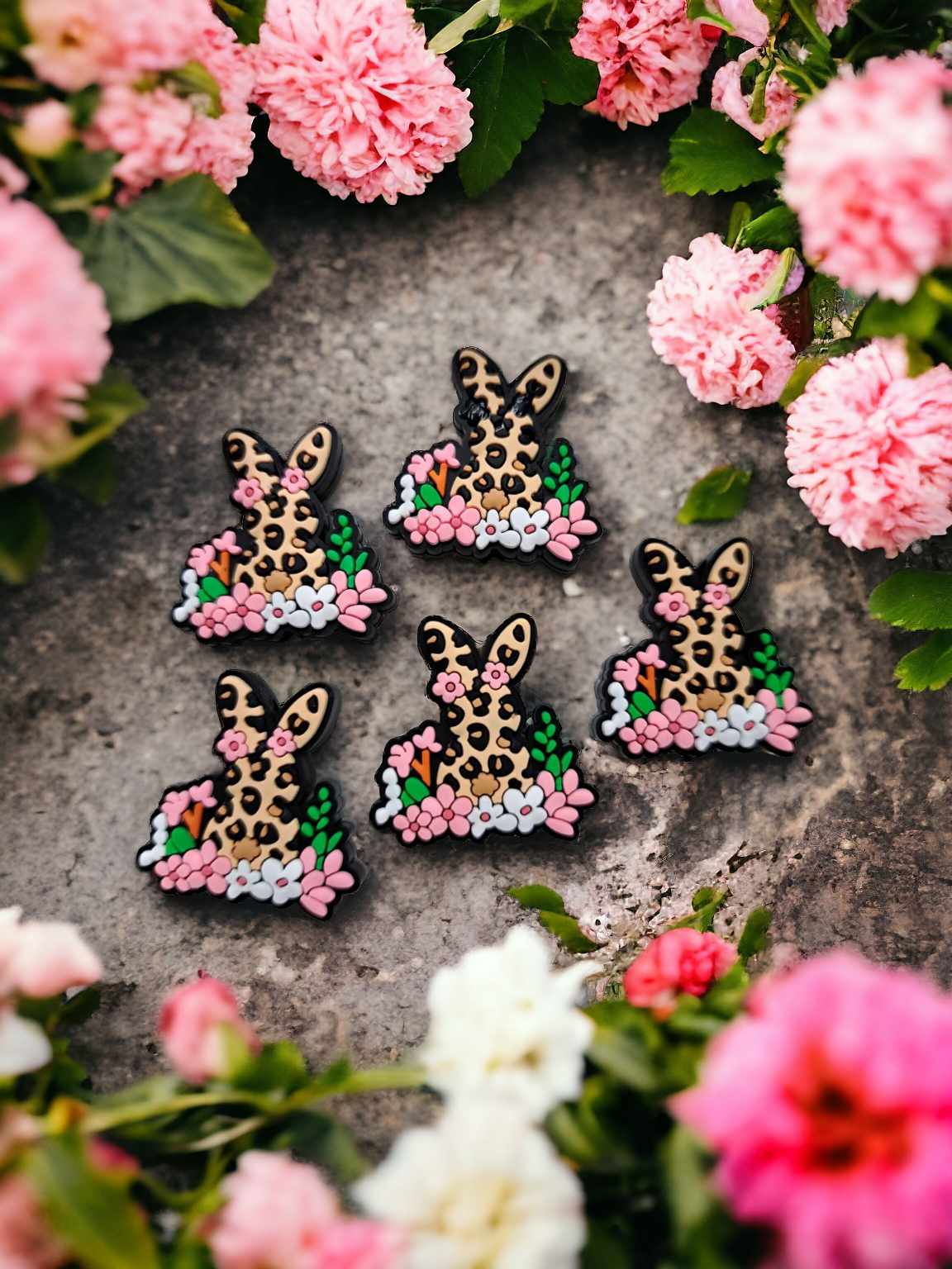 Leopard Print Easter Bunny with Flowers Silicone Focal Bead - 0749