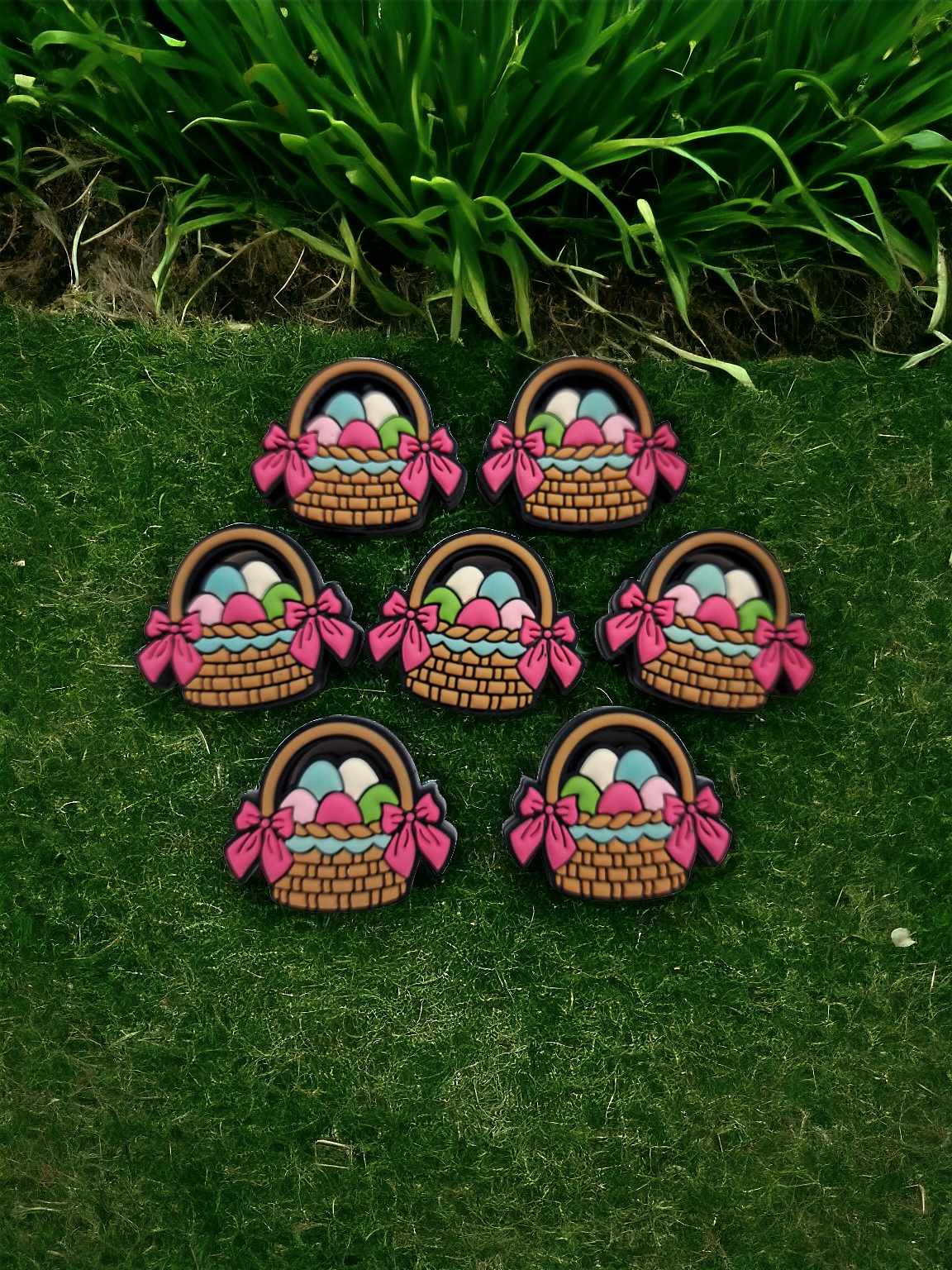 Brown Easter Basket with Pink Bows on Side with Colored Eggs Silicone Focal Bead - 0684