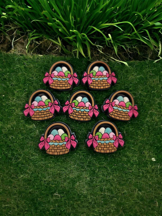 Brown Easter Basket with Pink Bows on Side with Colored Eggs Silicone Focal Bead - 0684