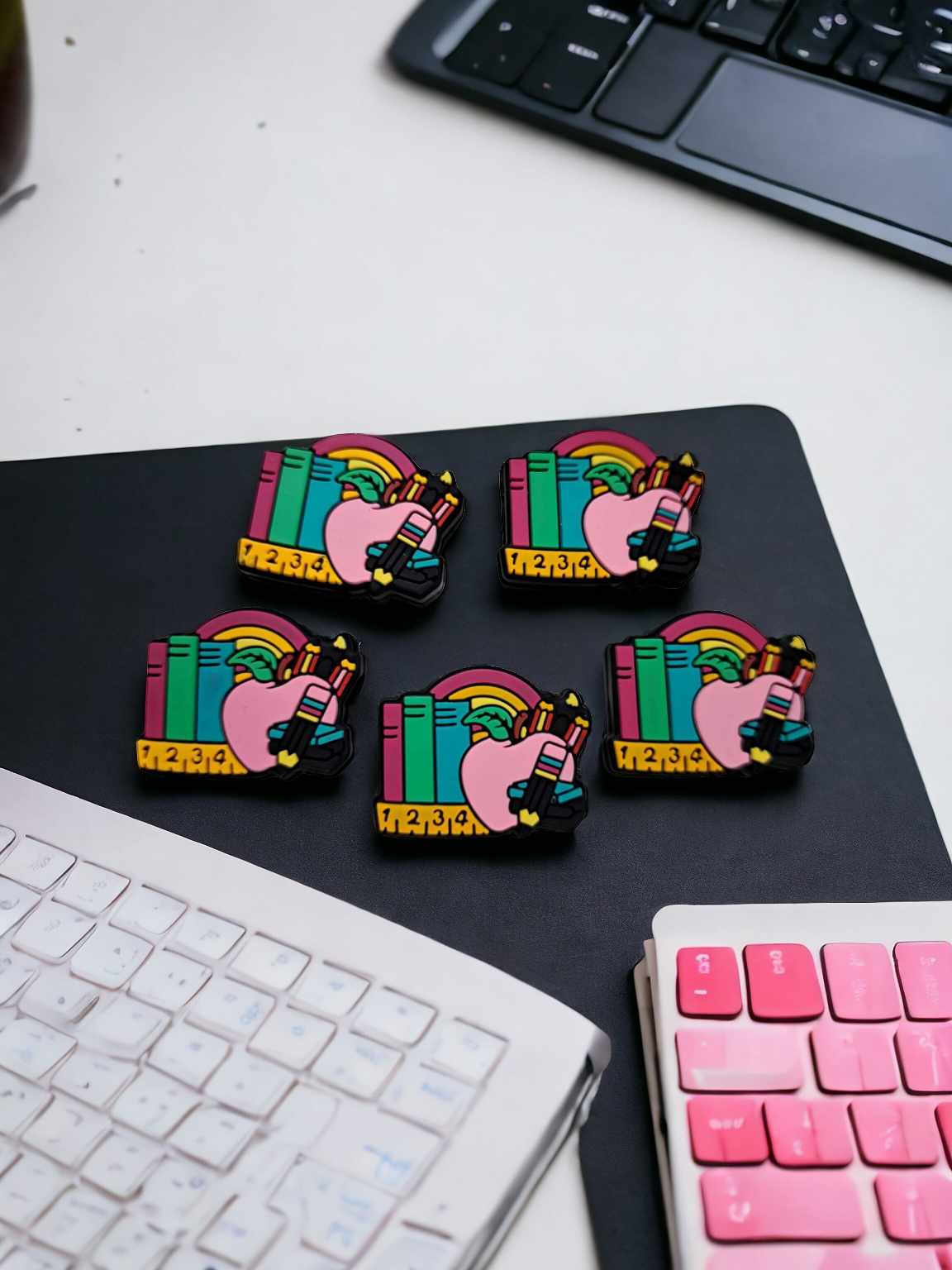 Teacher: Pink Apple with Ruler, Books, Rainbow & Pencils Silicone Focal Bead - 0771