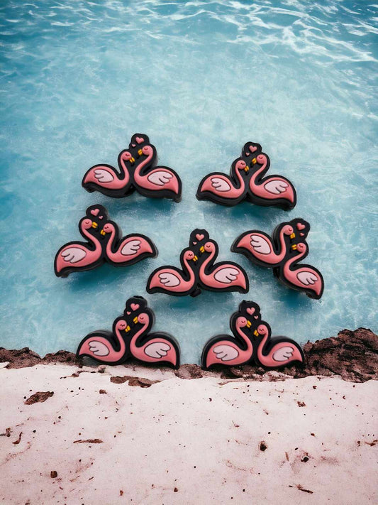 Two Pink Flamingos with Heart Full Body Animal Silicone Focal Bead - 0725