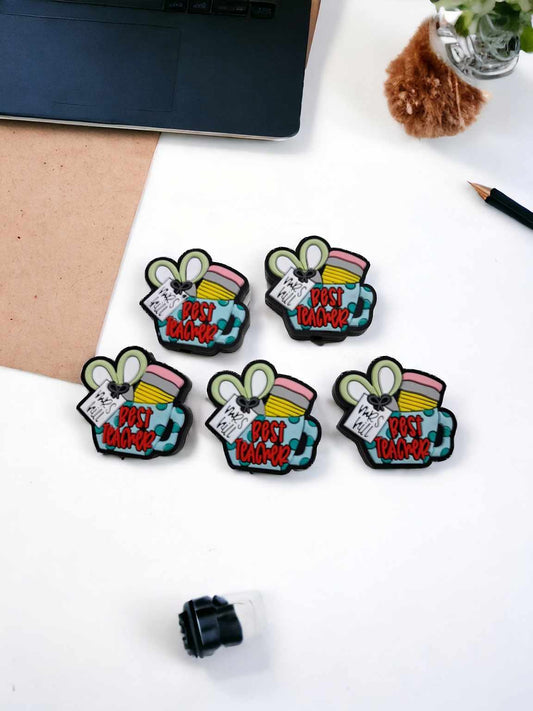 Best Teacher Blue Cup with Scissors and Pencil Silicone Focal Bead - 0708