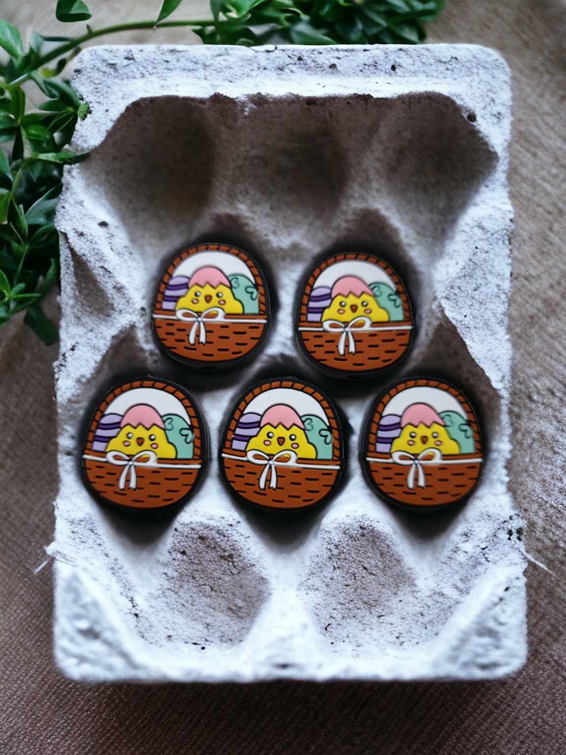 Easter Basket: Brown with Yellow Baby Chick and Eggs Silicone Focal Bead - 0747