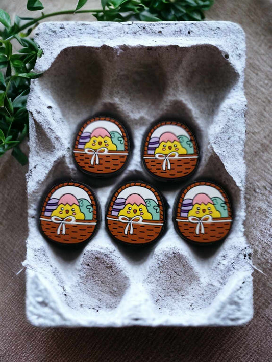 Easter Basket: Brown with Yellow Baby Chick and Eggs Silicone Focal Bead - 0747