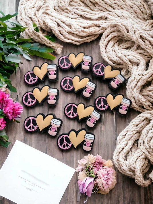 Peace Sign Heart Coffee Pink Silicone Focal Bead - 0737