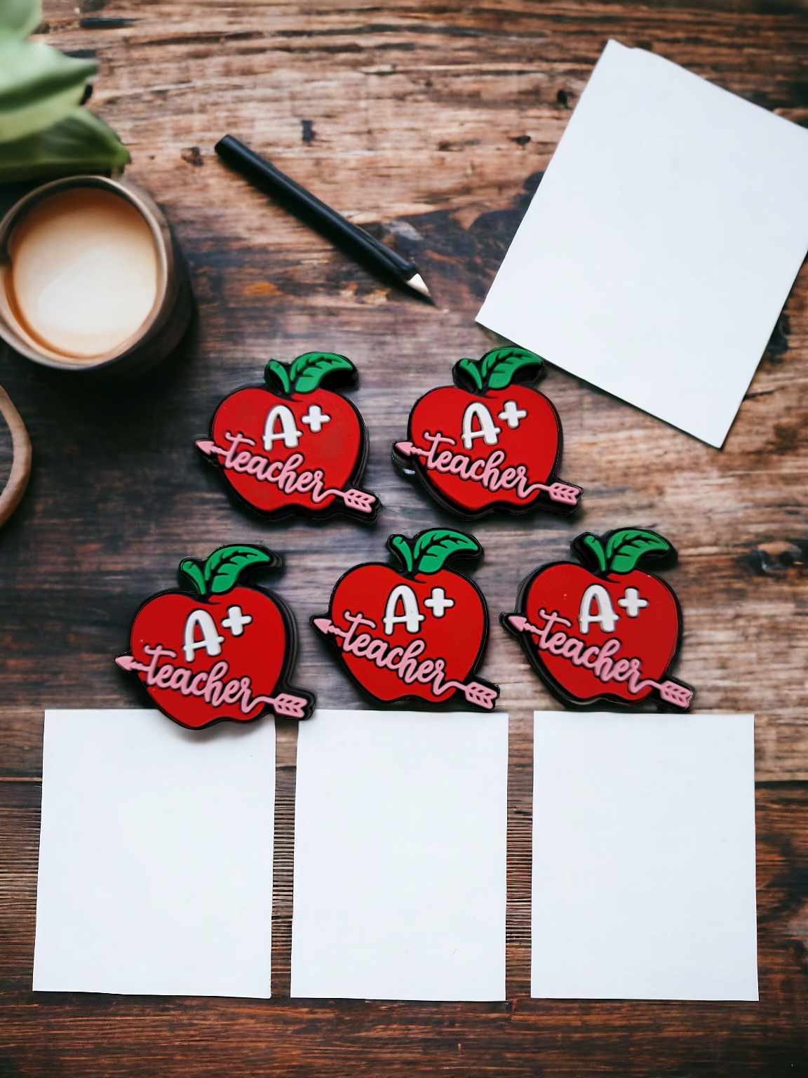 Red Apple: A+ Teacher with Pink Arrow Silicone Focal Bead - 0770