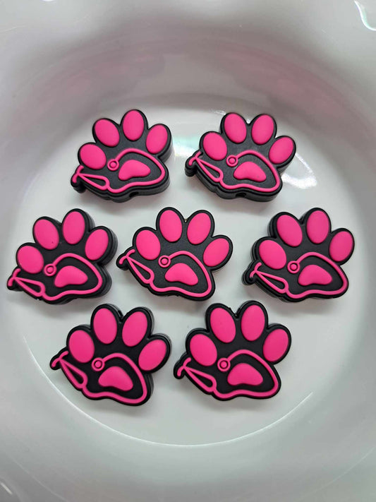 Pink Paw Print with Stethoscope on Black Silicone Focal Bead - 0767