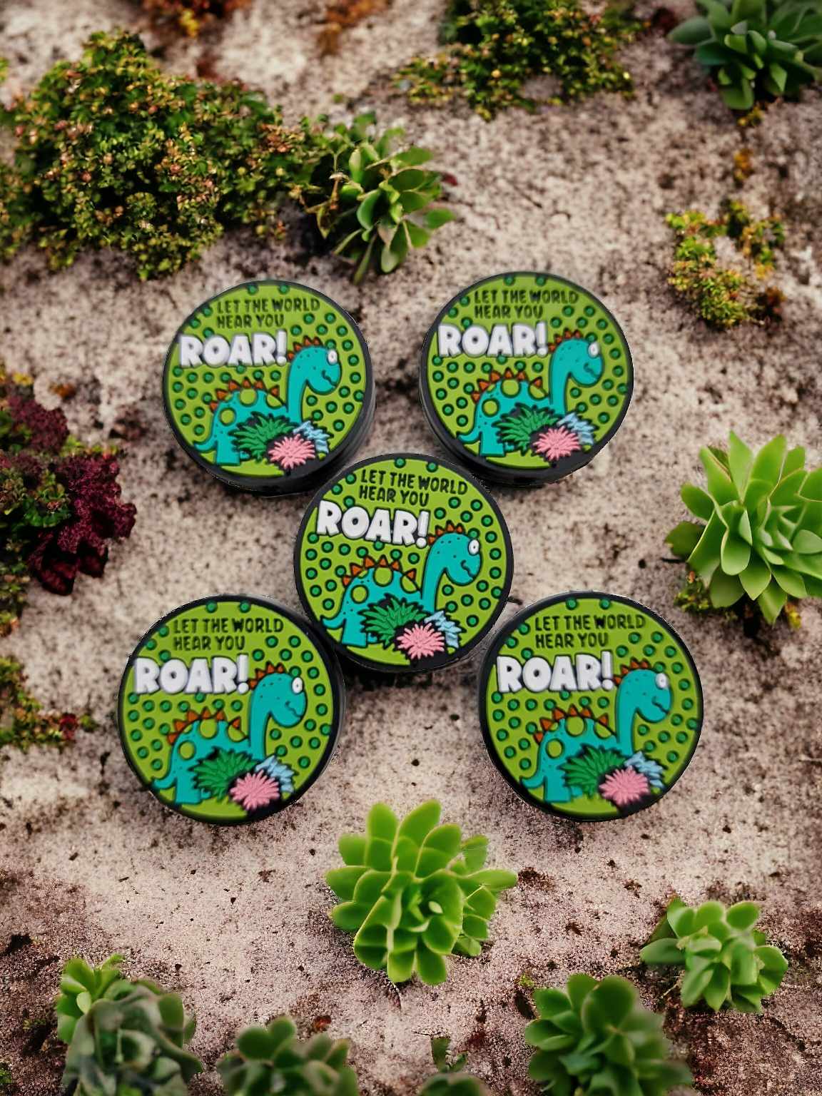 Roar: Round with Blue Dinosaur Silicone Focal Bead - 0821