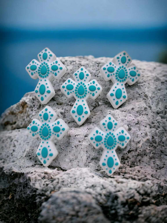 White Cross with Turquoise Gemstone Silicone Focal Bead - 0812