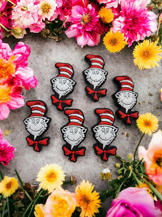 Cat in the Hat: Red/White Top Hat with Red Bow Tie Dr. Seuss Silicone Focal Bead - 0830