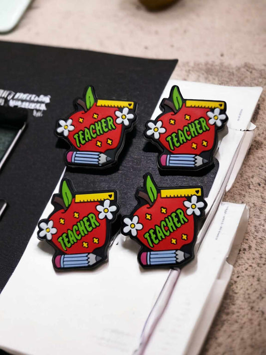 Teacher: Red Apple with Ruler, Flowers and Pencil Silicone Focal Bead - 0816