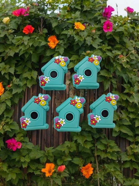 Blue Bird House with Flowers Silicone Focal Bead - 0913