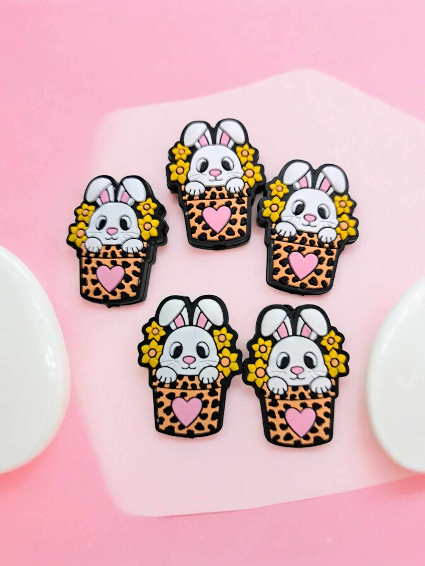 White Rabbit in a Leopard Pot with Flowers Silicone Focal Bead - 0824