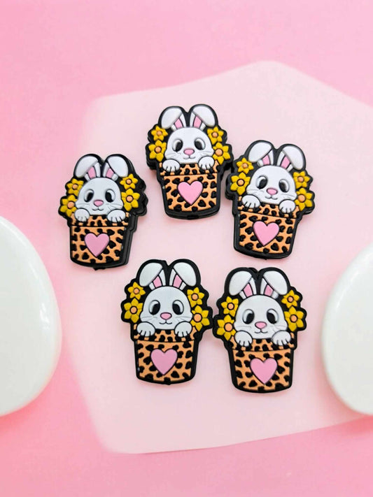 White Rabbit in a Leopard Pot with Flowers Silicone Focal Bead - 0824