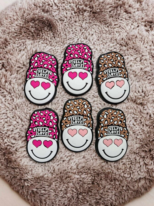 Smiley Face with Beanie Hat Leopard Print Self Love Silicone Focal Bead - 0858