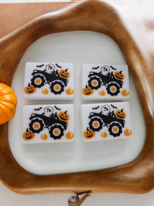 Monster Truck with Ghost, Bats, & Pumpkins: Halloween Rectangle Cartoon Silicone Focal Bead - 1270