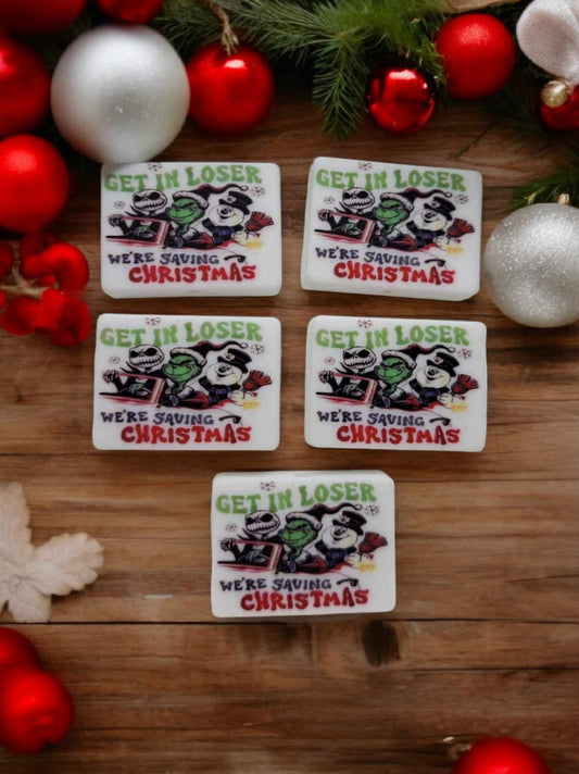 Get in Loser We're Saving Christmas: Jack, Grinch, Frosty in Car Rectangle Cartoon Silicone Focal Bead - 1274