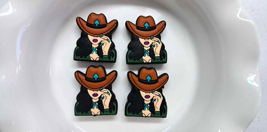 Cowgirl with Brown Hat and Turquoise and Green Shirt: Western Silicone Focal Bead - 1286