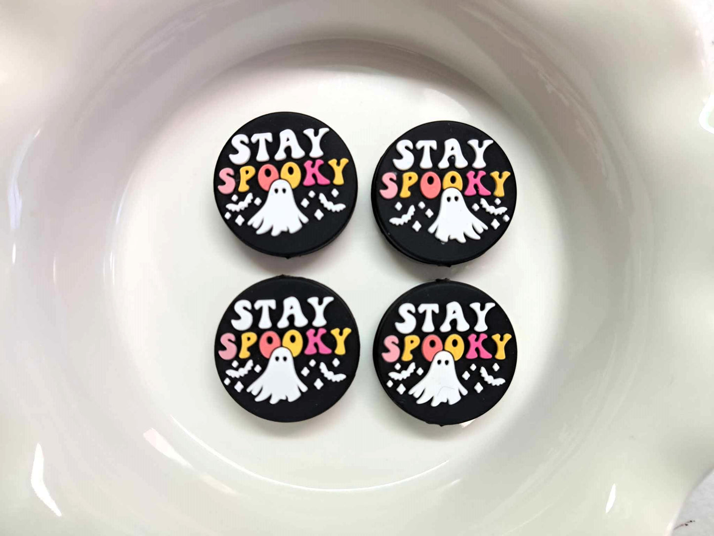 Stay Spooky Black Round with Ghost and Bats Silicone Focal Bead - 1277