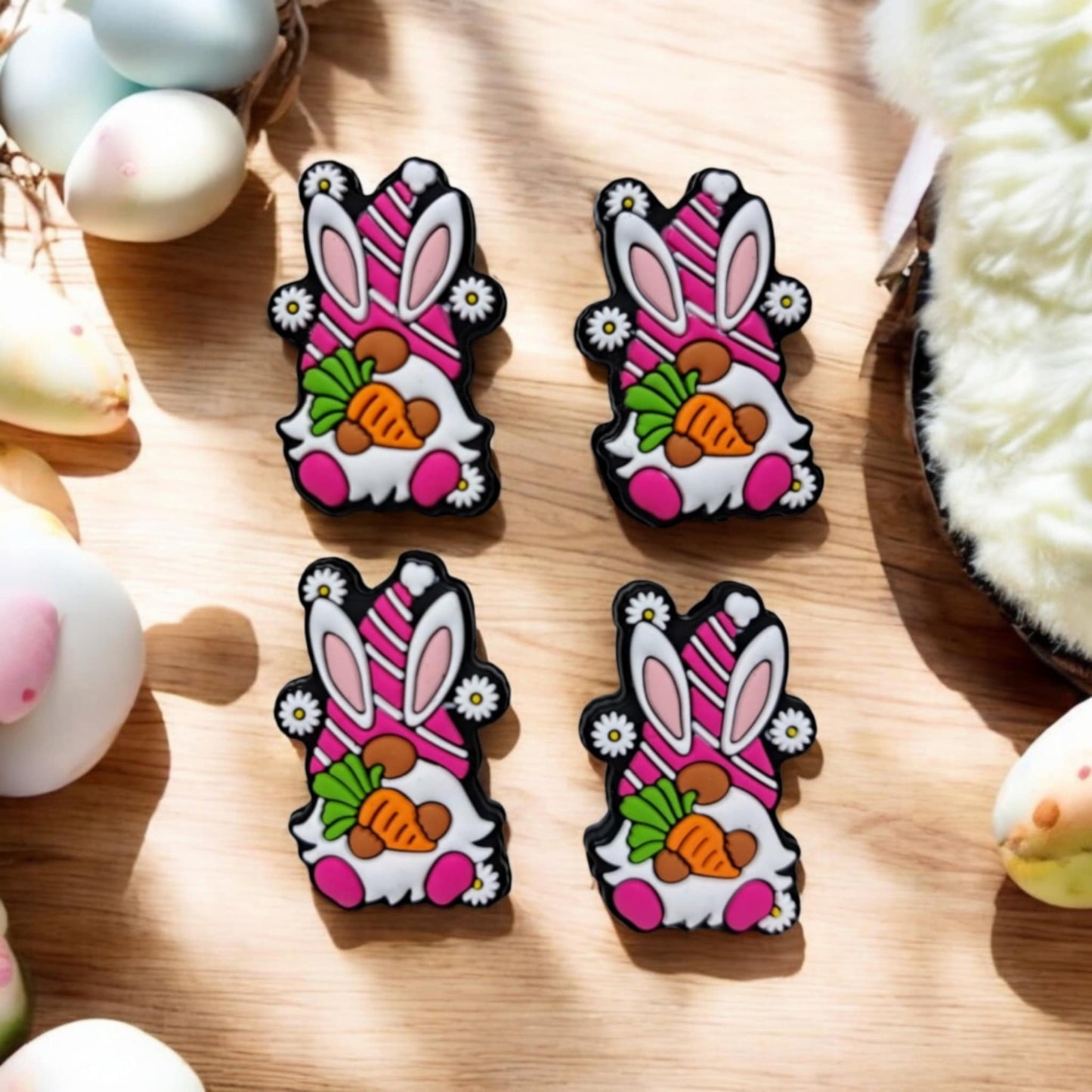Easter Gnome Bunny Holding Carrot With Pink Hat Silicone Focal Bead